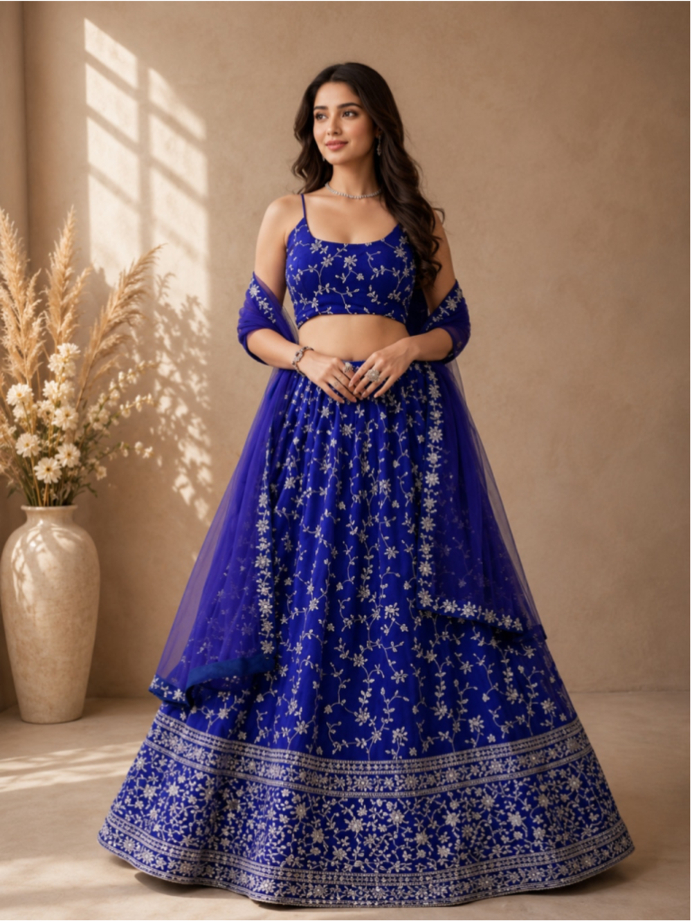 Dark Blue Embroidered Georgette Lehenga Choli Set